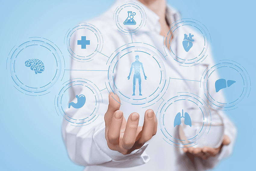 Medikalisaatio. Kuvassa taustalla lääkäri, jonka käsi ylöspäin ja etualalla piirroskuva ihmisestä ja ihmisen elimistä sinisellä.