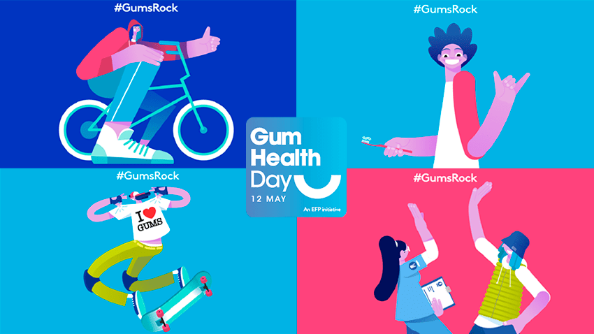 Gum Health Day -teemapäivä Kuvassa piirroskuvia nuorista