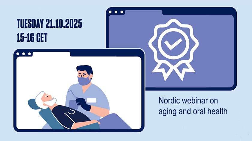 pohjoismainen webinaari, piirroskuvassa näytöllä iäkäs potilas hammaslääkärin kanssa