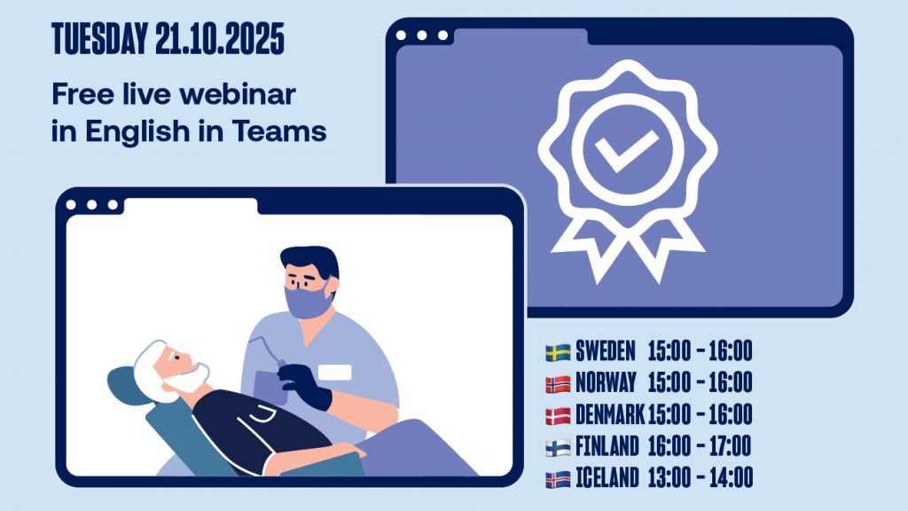 pohjoismainen webinaari, piirroskuvassa näytöllä iäkäs potilas hammaslääkärin kanssa, kellonajat maittain
