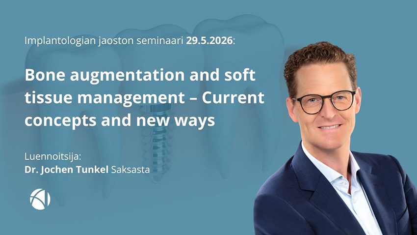 Bone augmentation and soft tissue management -kurssin nimi, aika ja luennoitsija. kuvassa sinisellä taustalla lunenoistija.