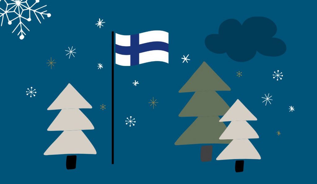 Hyvää itsenäisyyspäivää. Piirroskuvassa kuusia, lumihiutaleista ja Suomen lippu salossa.