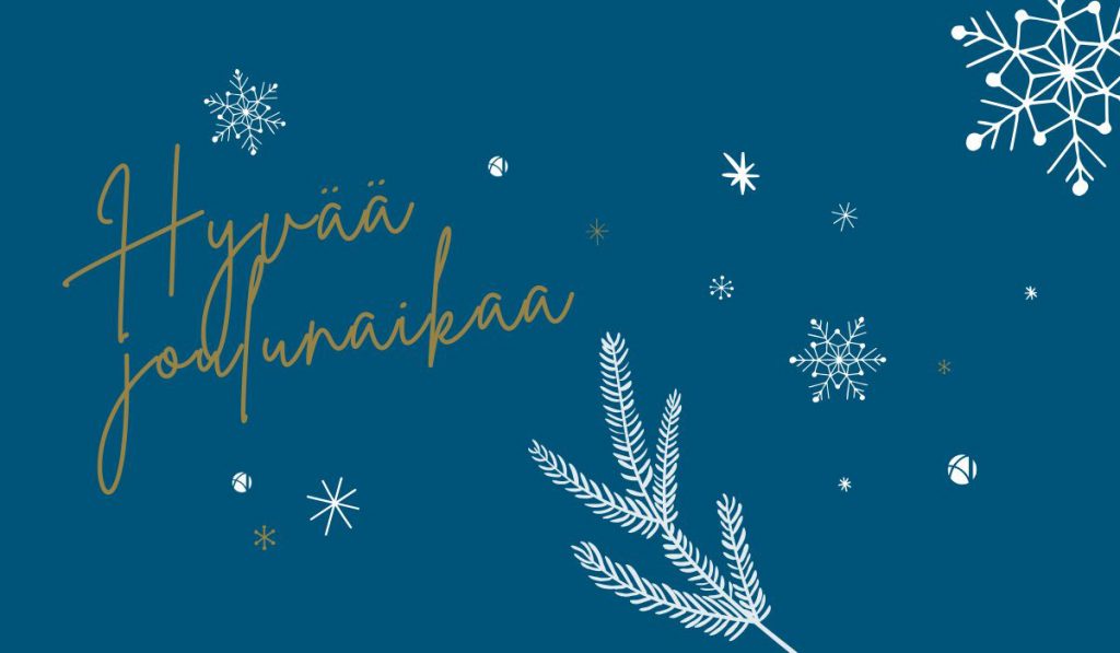 Hyvää joulunaika Apolloniasta. Kuvassa sinisellä taustalla lumihiutaleista ja oksa sekä Hyvää joulunaikaa -toivotus.