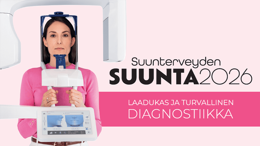 Suunterveyden suunta 2026 -koulutuspäivä. Kuvassa kuvantamislaite ja nainen sekä koulutuksen nimi ja aihe.