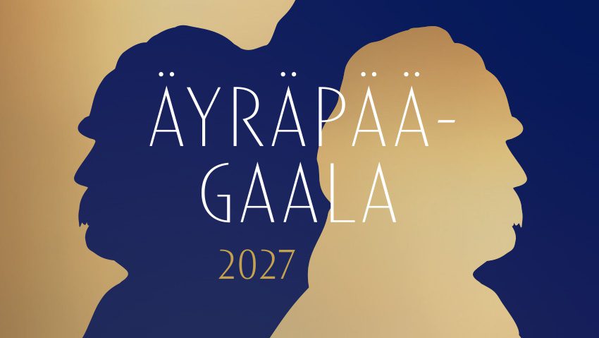 Äyräpää-gaala 2027 Kuvassa tummansininen ja kultainen Matti Äyräpään silhuetti