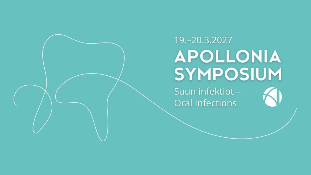 Apollonia Symposium 19.-20.3.2027 Turkoosilla taustalla viivapiirros hampaasta ja teksti.