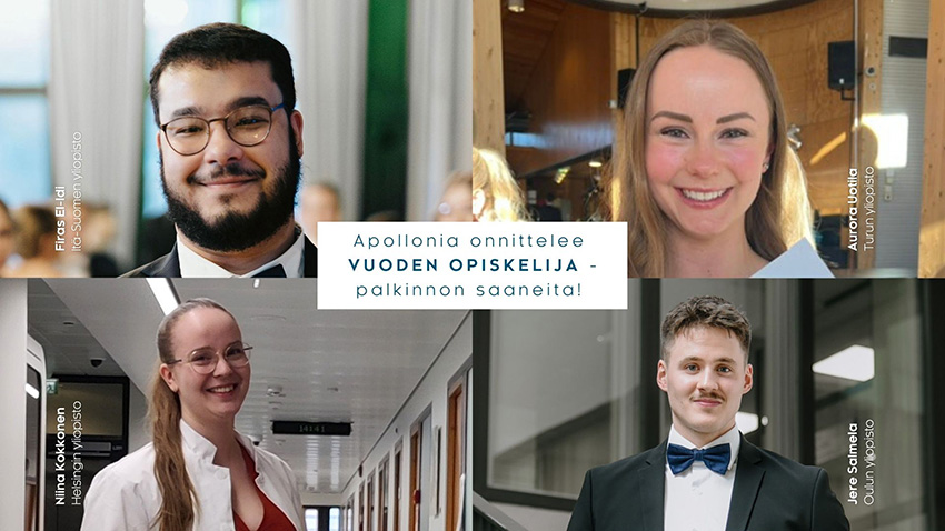 Vuoden opiskelijat 2026. Kuvassa neljän opiskelijan kuvat ja nimet sekä onnitteluteksti keskellä.