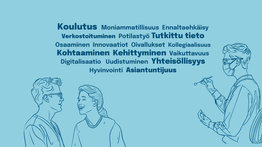 Hammaslääkäripäivien sanapilvi ja piirroskuvia.